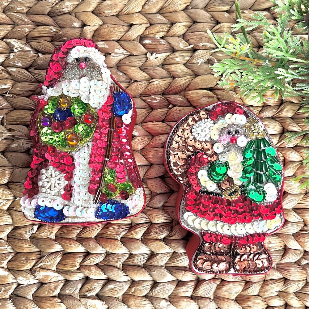 Vintage Sequined Santa Shape Trinket Gift Boxes Red Satin Retro Bling Christmas